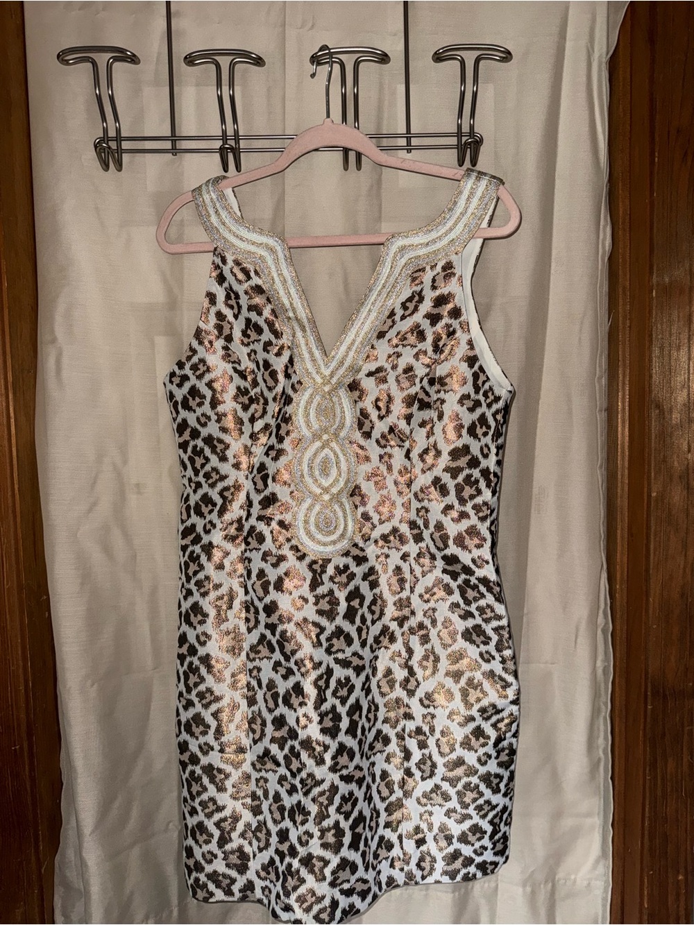 Lilly Pulitzer White, Gold and Brown Metallic Leopard V-Neck Mini Dress